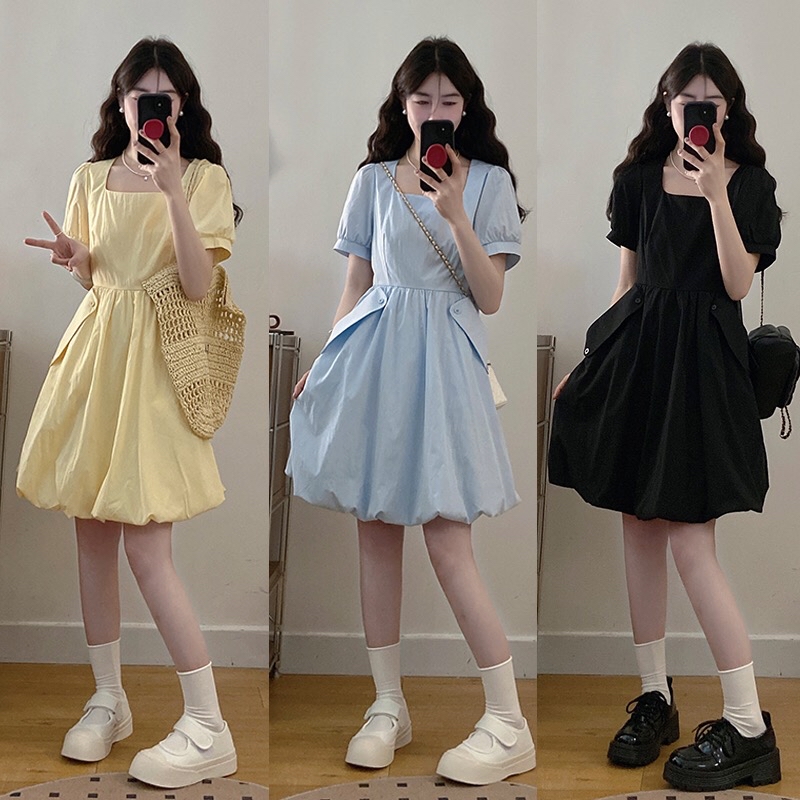 B204(21805) 法式温柔风方领折角边口袋下摆花苞边3色连身裙