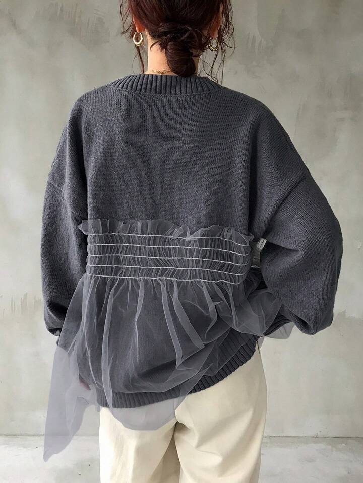 優雅針織拼接薄紗上衣