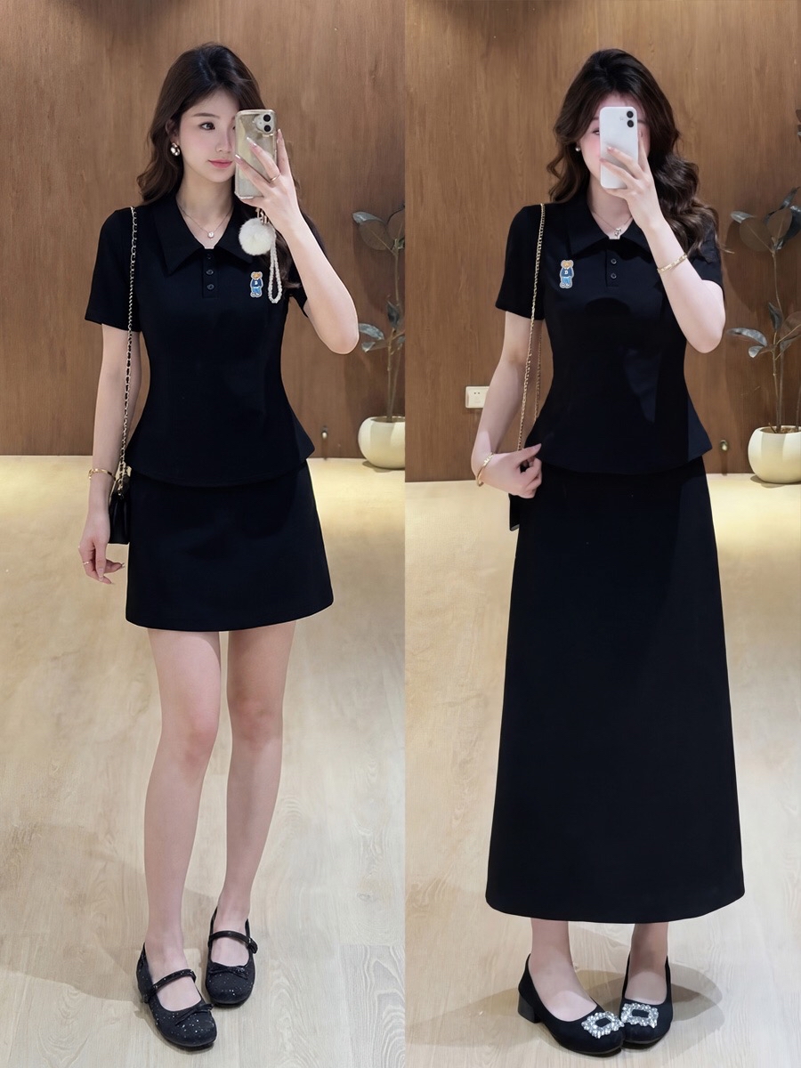 B282(3580长) 长款韩系小香风RL小熊POLO领上衣与长裙黑套装 