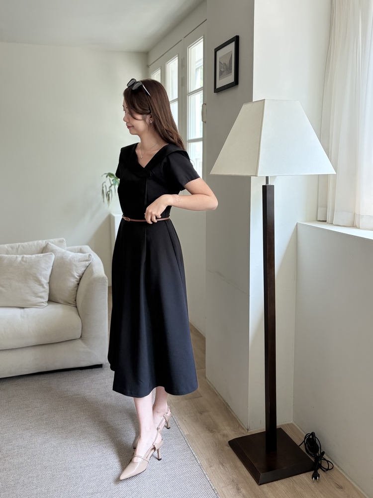 Sailor Collar Belted Dress (Black)