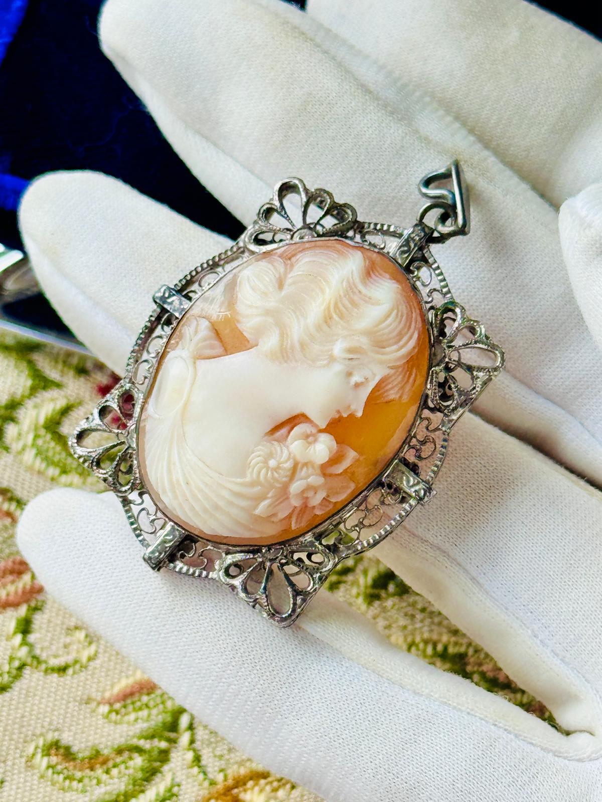 1920s–30s Antique Art Deco Sterling Silver Shell Cameo Brooch and Pendant (MT2634)