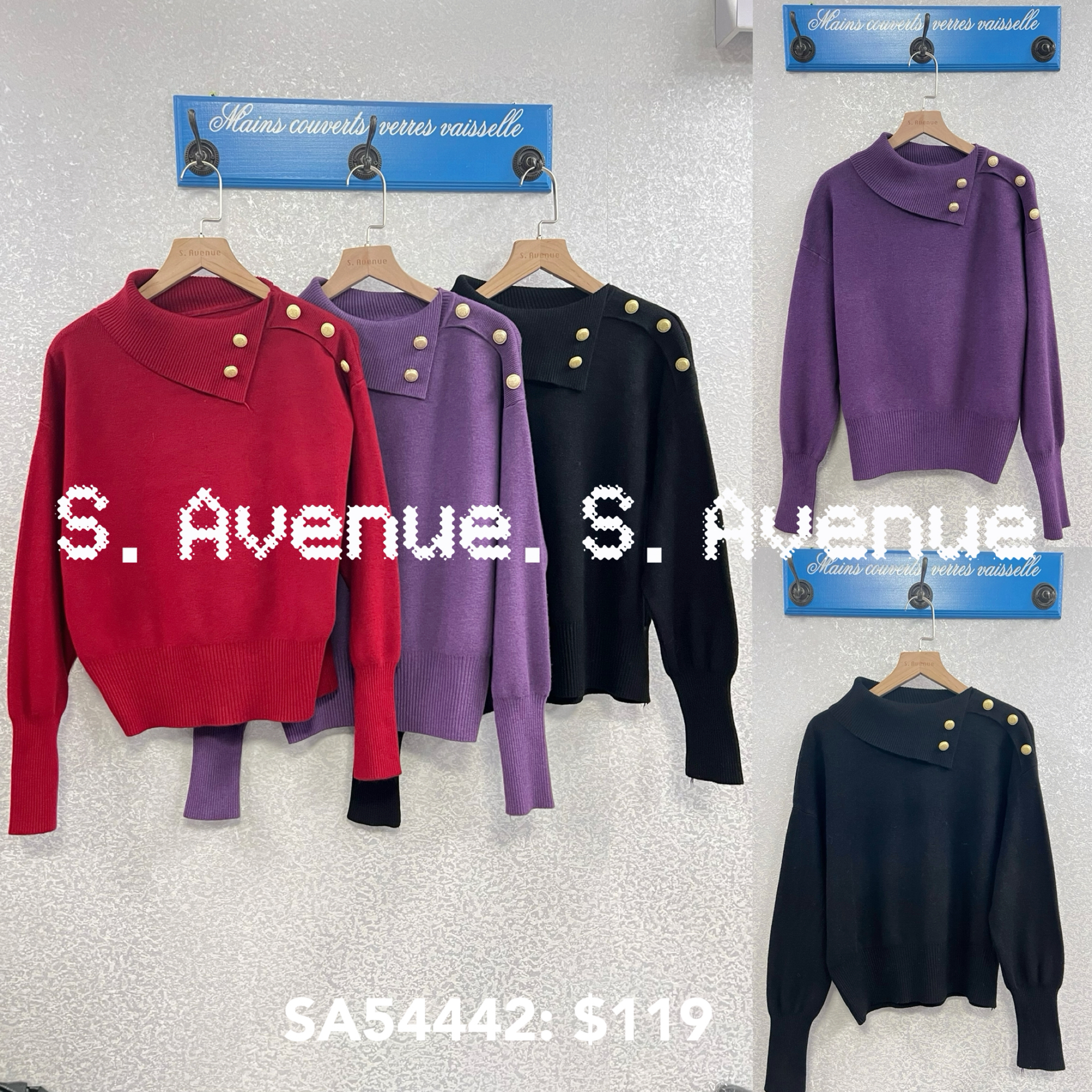 SA54442: 長袖鈄反領側有鈕小蝙蝠冷top