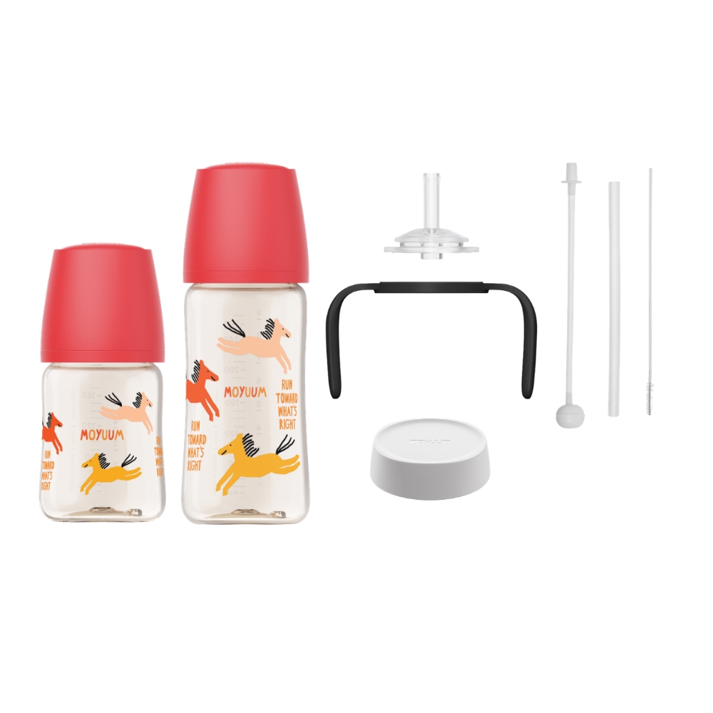 Moyuum - PPSU 寬口防漲氣奶瓶170+270ml(快樂小馬-紅色)+寬口奶瓶防漏學習吸管套裝(黑色)送奶瓶蓋配件(白色)_MY284