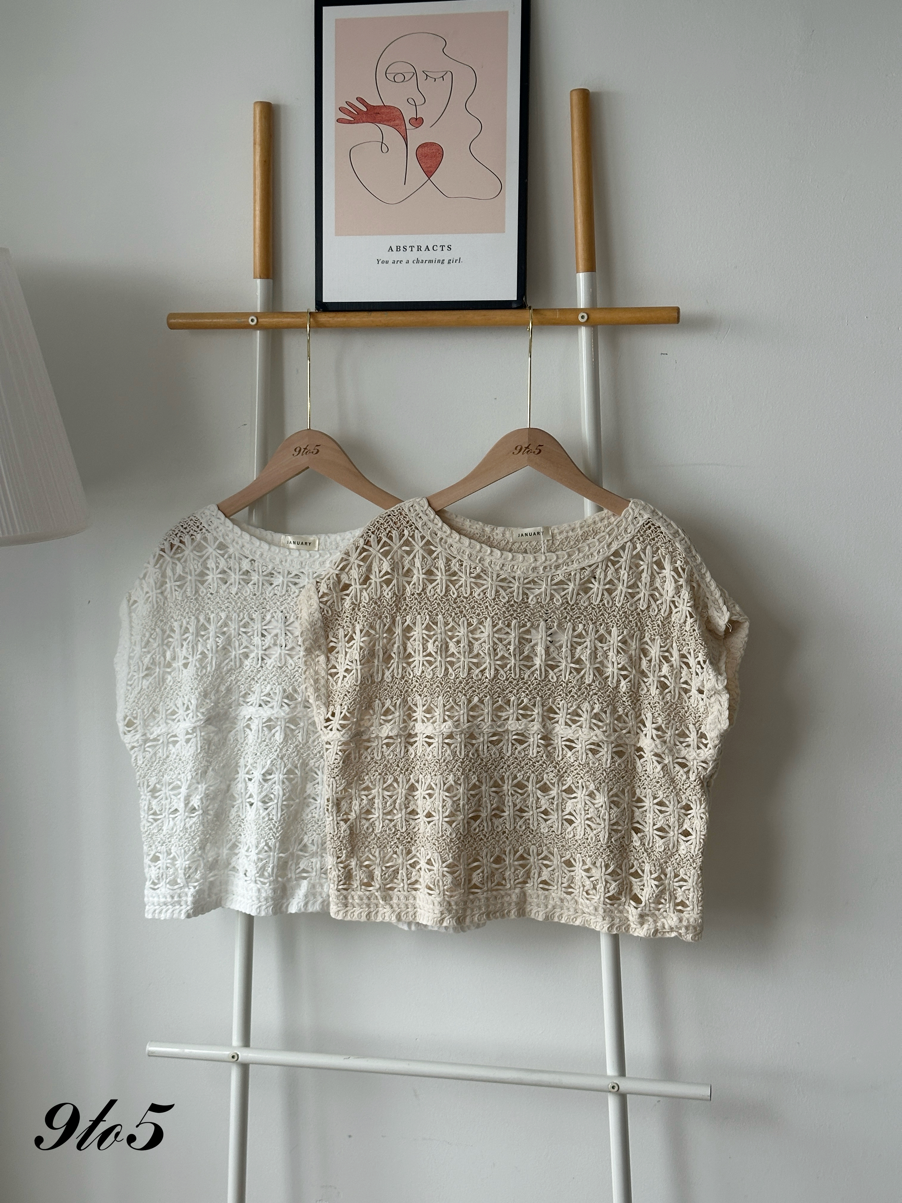 T4221 Cape Sleeve Crochet Top - Beige & White