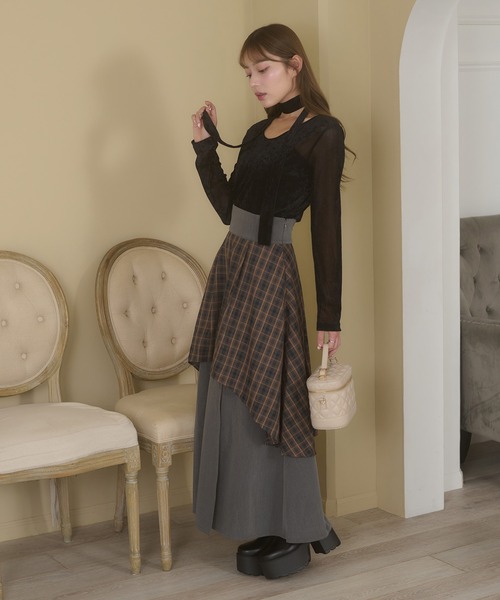 格子雙層開衩喇叭裙