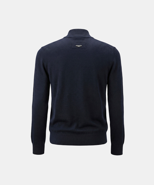 Fine Merino Wool Crewneck Zip-Up Cardigan - Navy