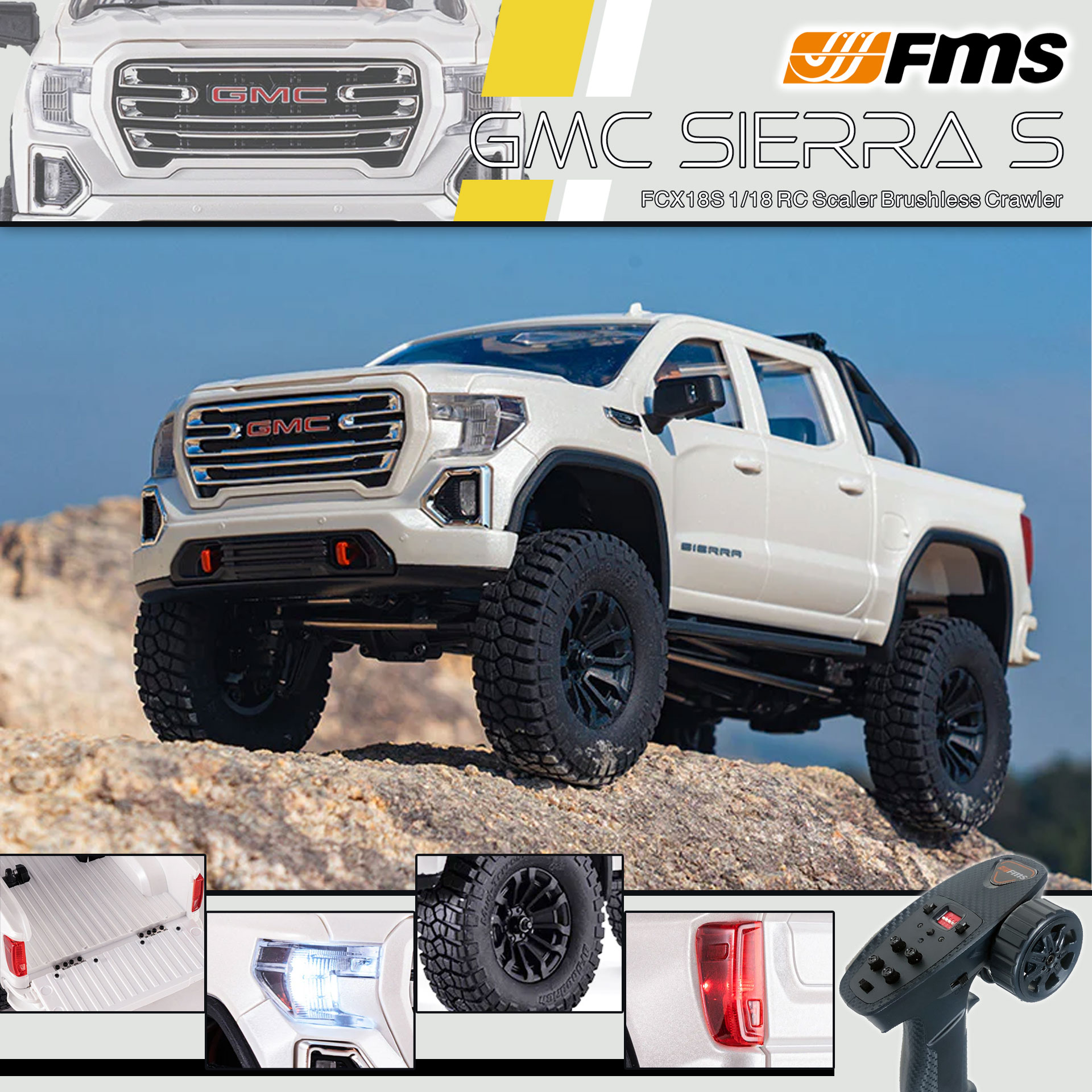 全新 FMS FCX18S 1:18 GMC Sierra S RTR Brushless | General Motors LLC授權 | 無刷版本 | 聯動指揮燈 | 2段機械變速 | 迷你慢爬車 | 遙控車 | 像真迷你遙控車