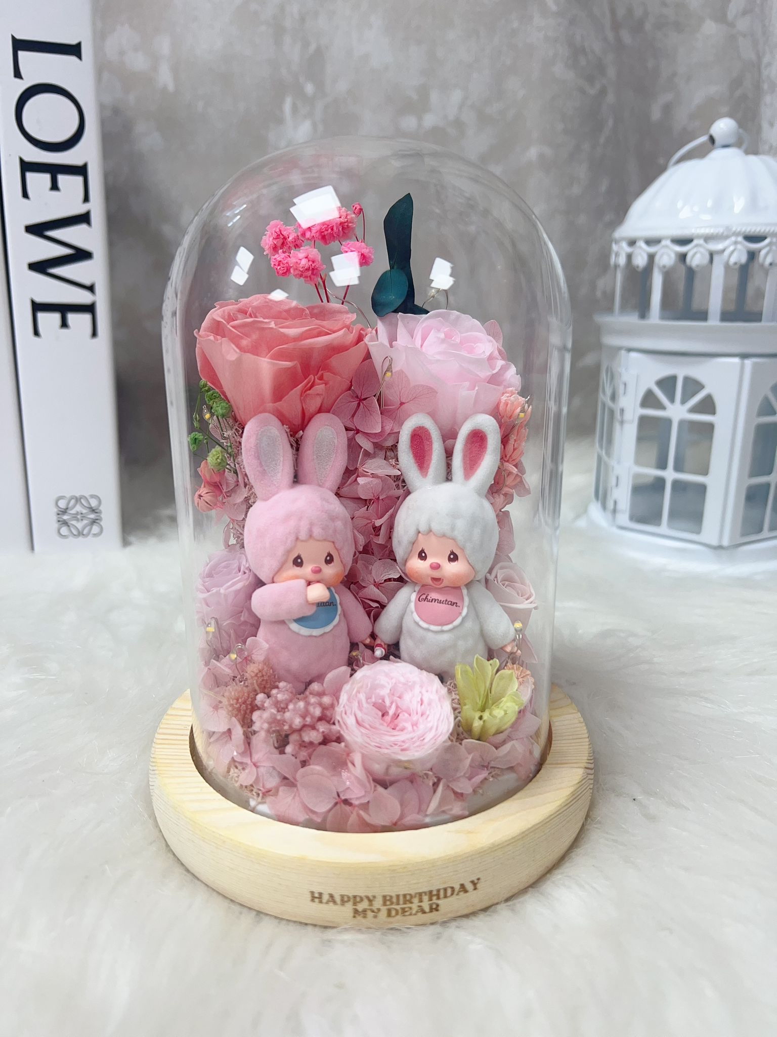 Monchhichi 蒙奇奇粉紅玫瑰永生花玻璃罩