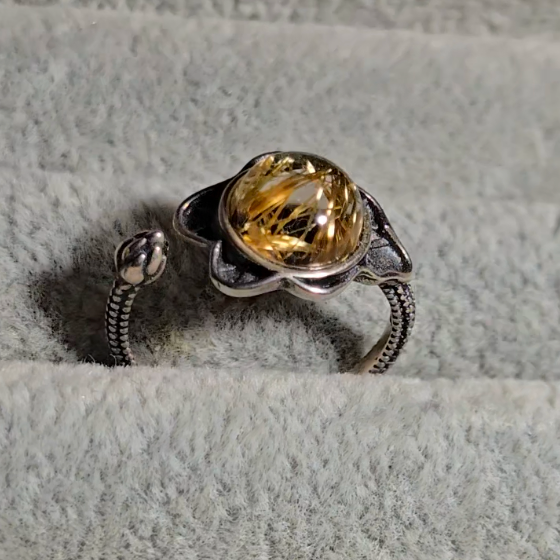 Golden rutilated quartz round floral ring in adjustable sterling silver (B) - RT1470