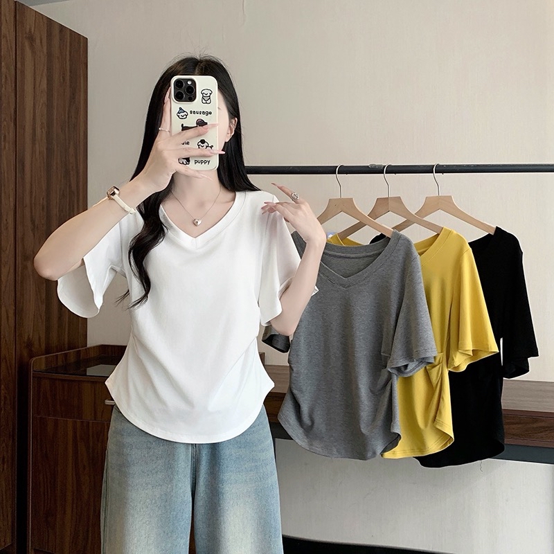 B35(3975) 韩版纯色V领荷叶袖褶皱腰4色上衣