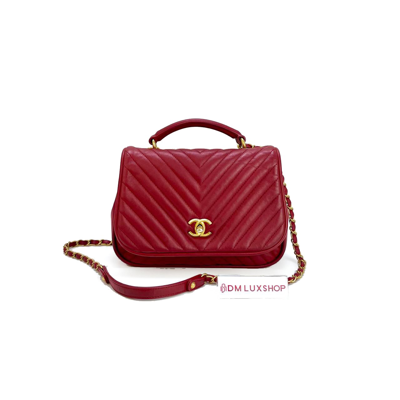 Chanel Chevron V-Stitch Top Handle Flap Bag Red GHW (Serial 24, Y: 2018)
