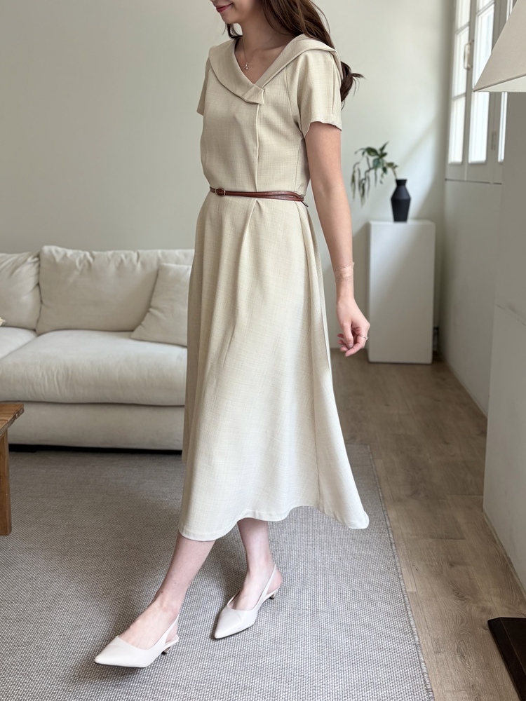 Sailor Collar Belted Dress (Beige)