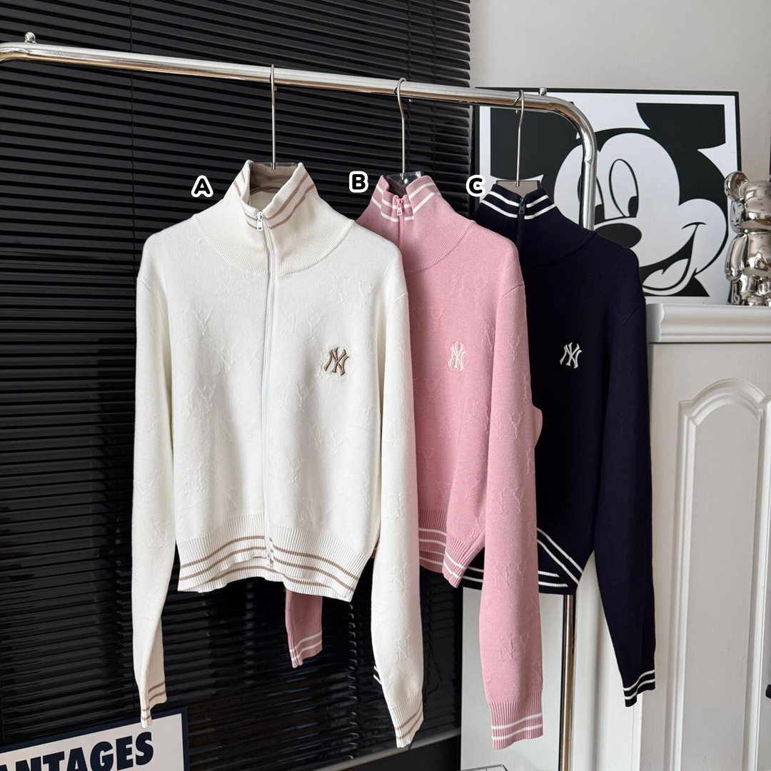 韓國🇰🇷 MLB 短款立體暗紋老花針織拉鍊開襟冷衫