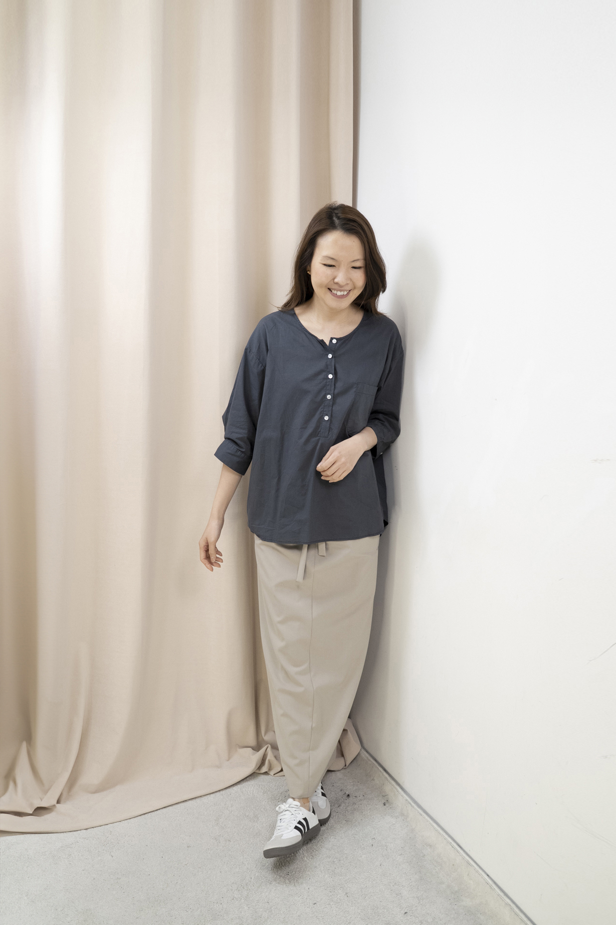 輕薄棉質恤衫襯衣(灰藍色）