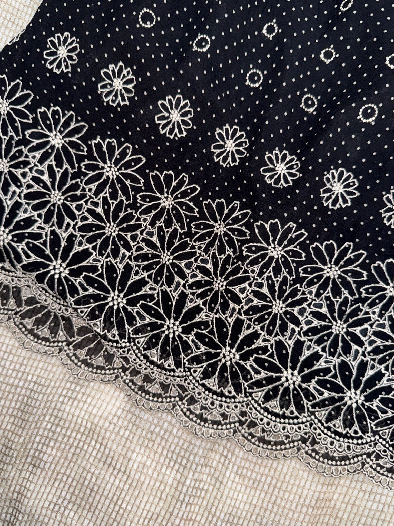 Black Polka Dot Skirt with Embroidered Daisy Border and Scalloped Hem