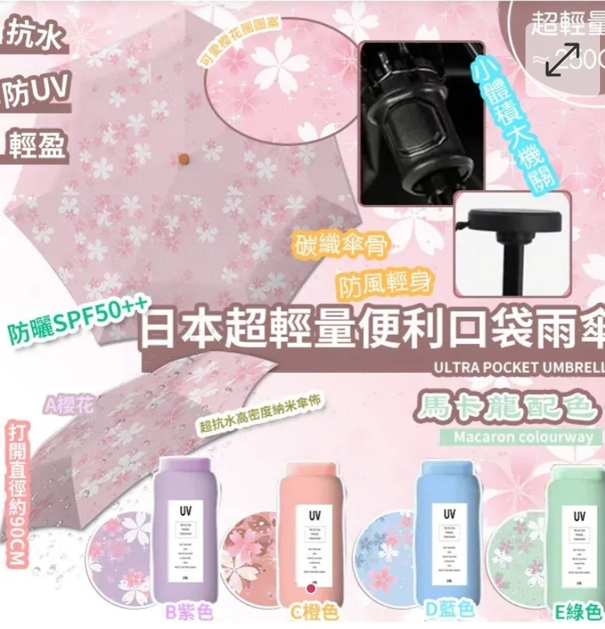 $49件. 2件起$39件.LHL日本超輕量便利口袋雨傘 (顏色隨機)