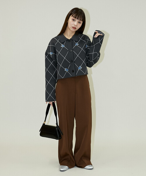 線條菱形花卉刺繡短短外套