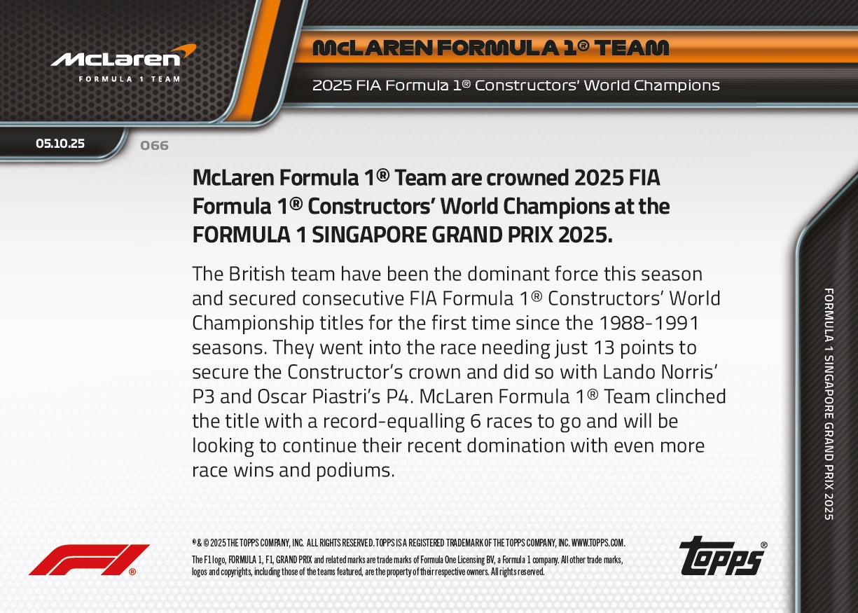 McLaren Formula 1 Team - 2025 F1 Topps NOW® #66 車隊世界冠軍卡｜PR 2,634