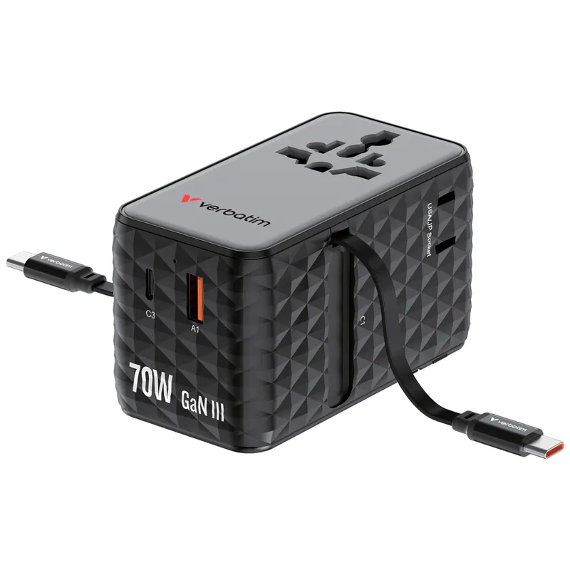 香港行貨 2年保養  Verbatim 威寶 Charge 'n' Travel Diamond 70W 通用旅行轉插(附雙USB-C可伸縮充電線) (CNT-70/2C) 30186