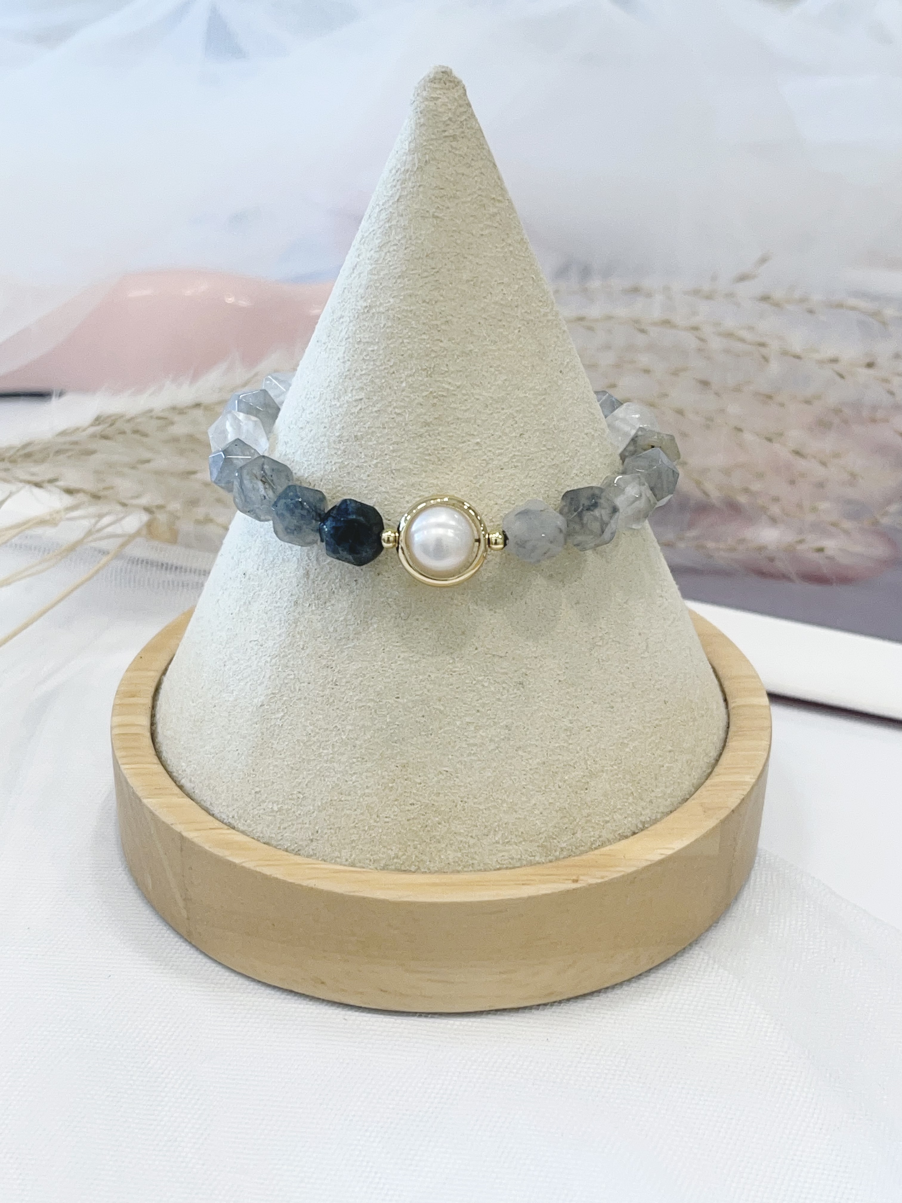 🌫 灰玛瑙 × 珍珠手串 Grey Agate & Pearl ｜菱形切割 ｜7mm