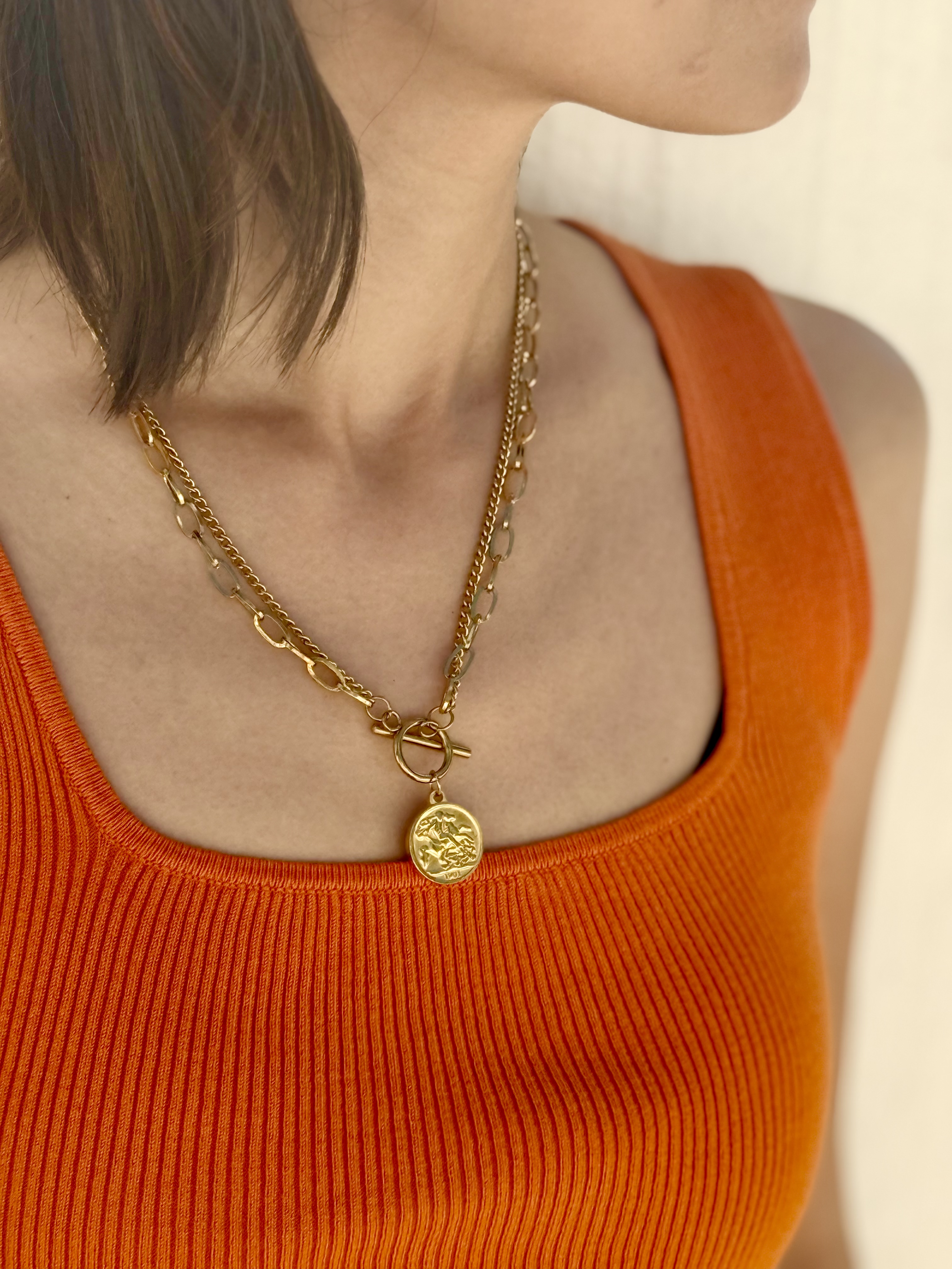 Gold coin stainless necklace