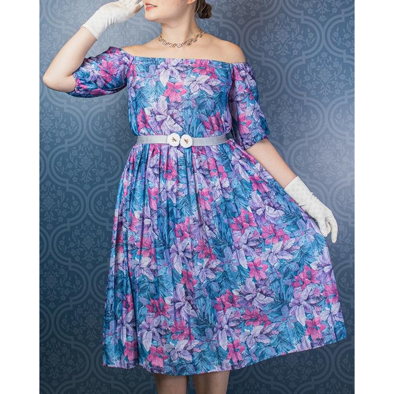 Remade - Made in USA Tropical Violet and Blue Floral Off-shoulder Day Dress (MU104-13)