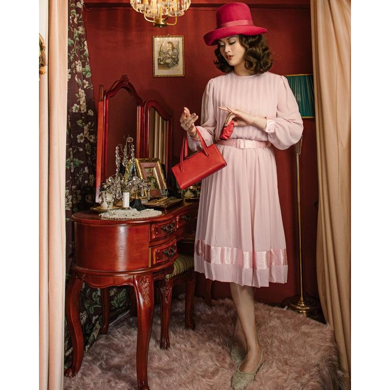 Vintage C.a. 1980s American Bobby's Girl Light Pink Chiffon Dress with Belt(MU108-13)