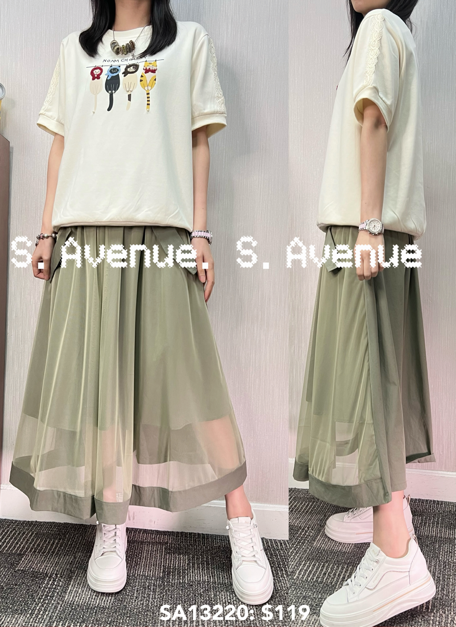 SA13220: 短袖lace袖貓貓tee