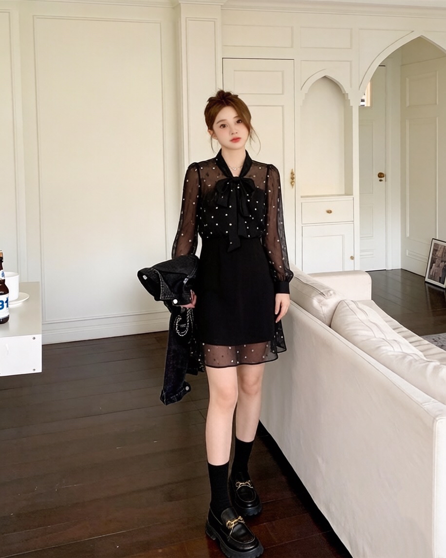 B114(9980) 法式减龄名媛风吊带与雪纺波点上衣与短裙黑三件套套装