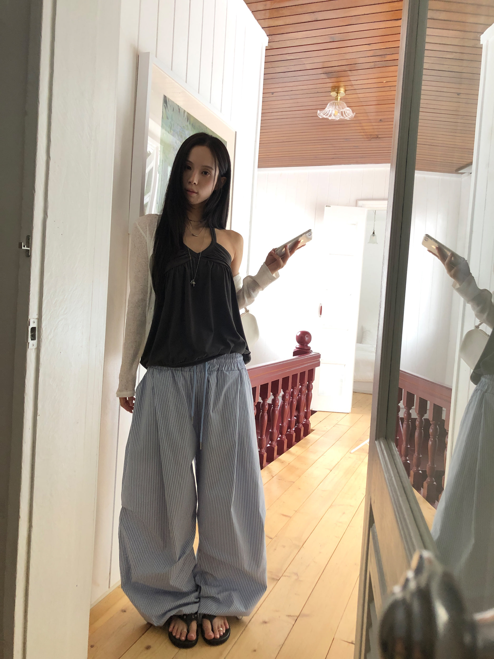 Pinstripe Pintuck Wide-Leg Pants