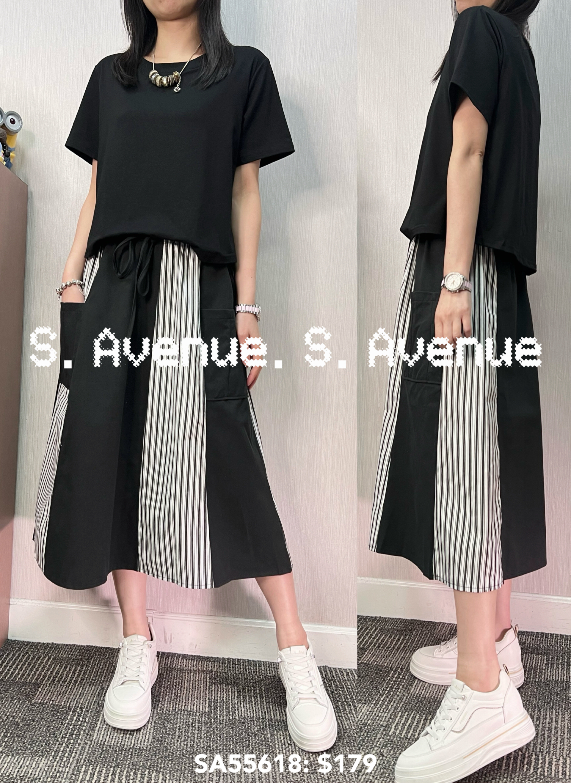 SA55618: 短袖束腰下直條牛仔op