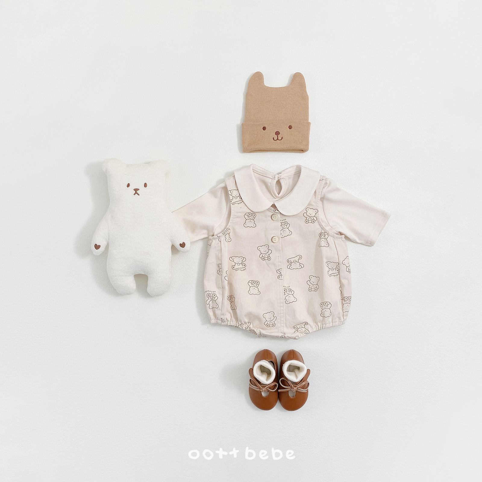 🌸預訂 韓國直送🌸🇰🇷OOTTBEBE兩色小熊滿印牛仔斜紋布背心包屁衣