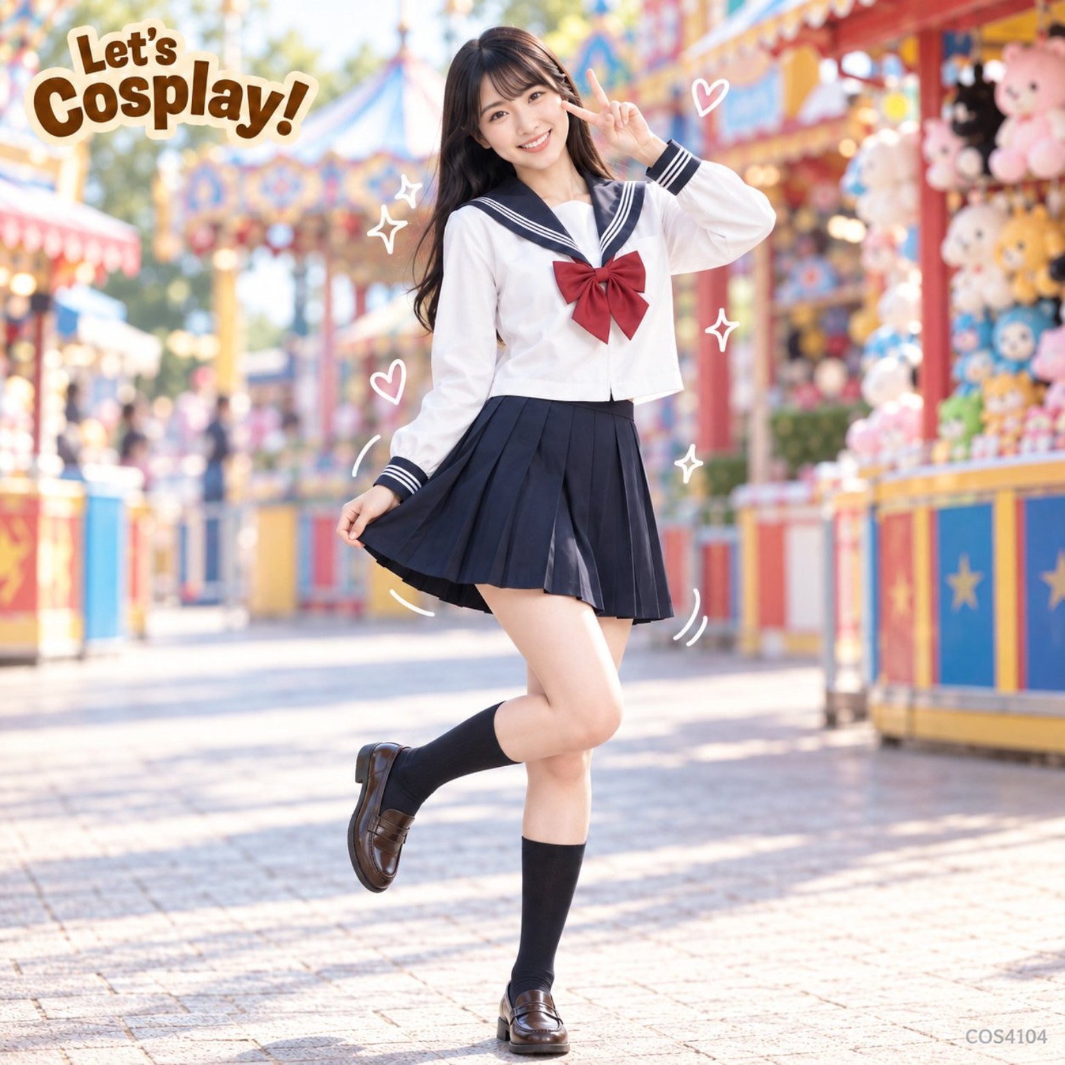 Lets Cosplay 成人女士日系藍白水手服套裝｜紅蝴蝶結百褶裙 JK制服 Cosplay