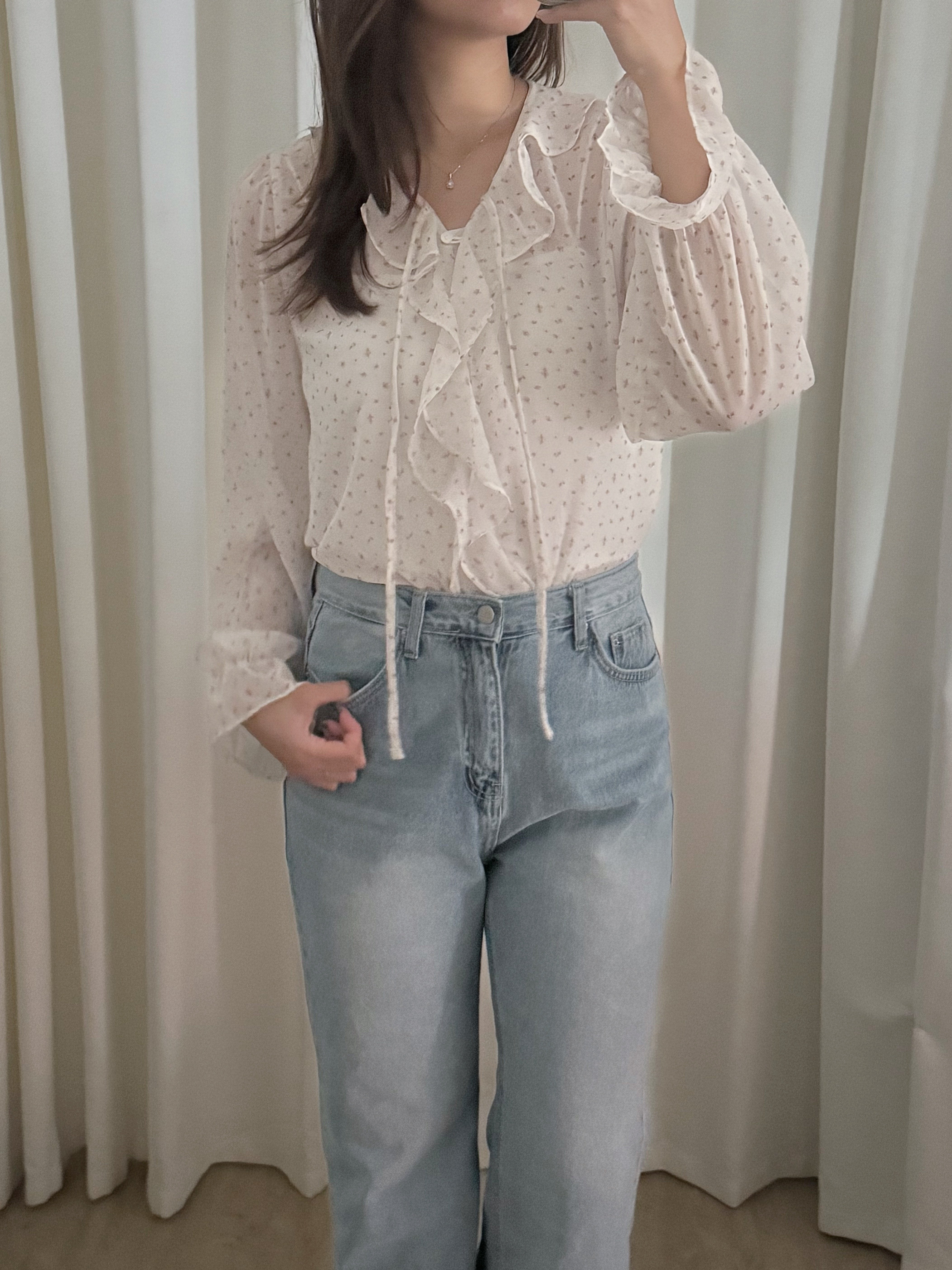 輕透荷葉邊碎花襯衫(兩色入)