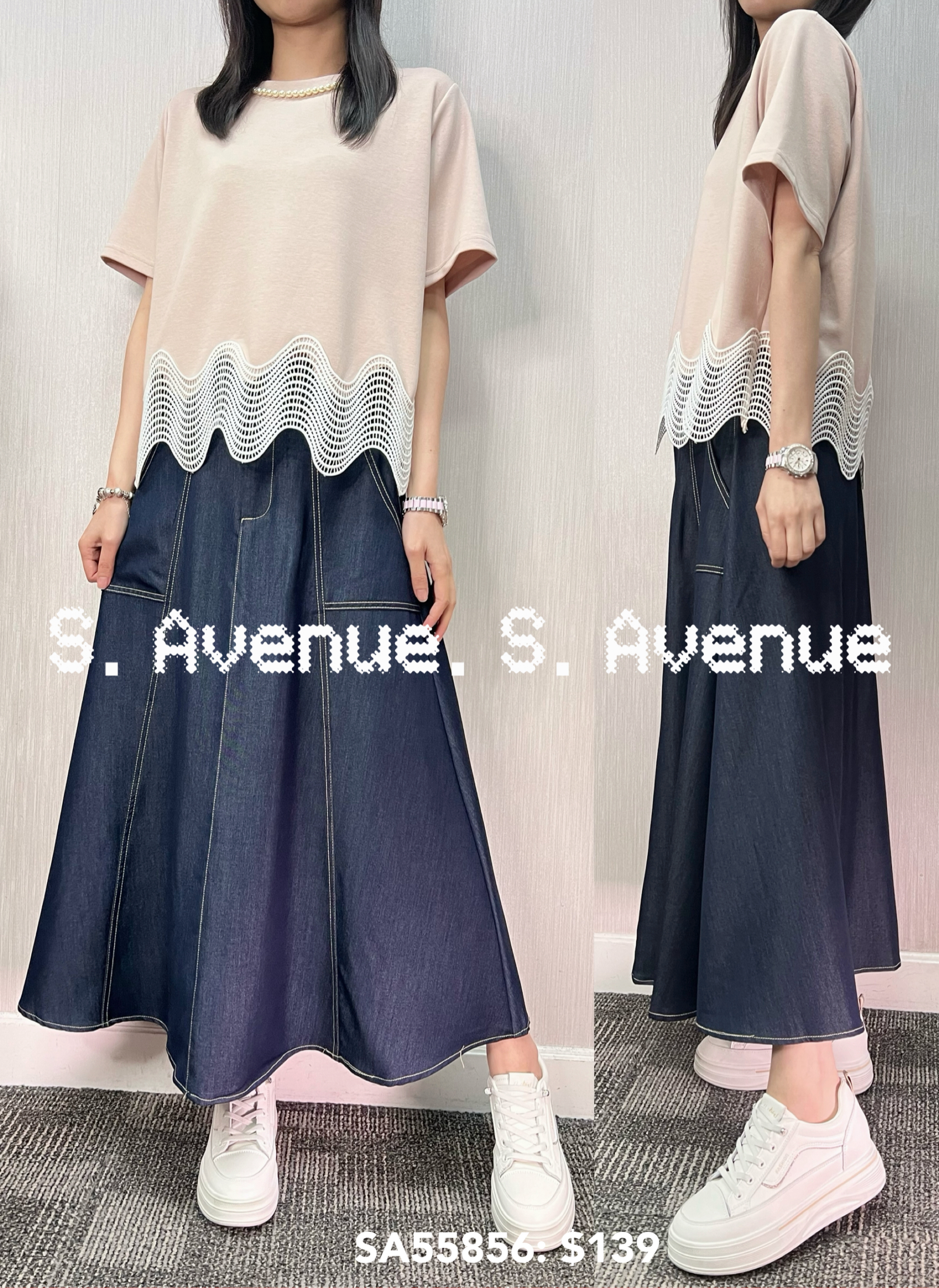 SA55856: 短袖領打珠珠下波浪lace top