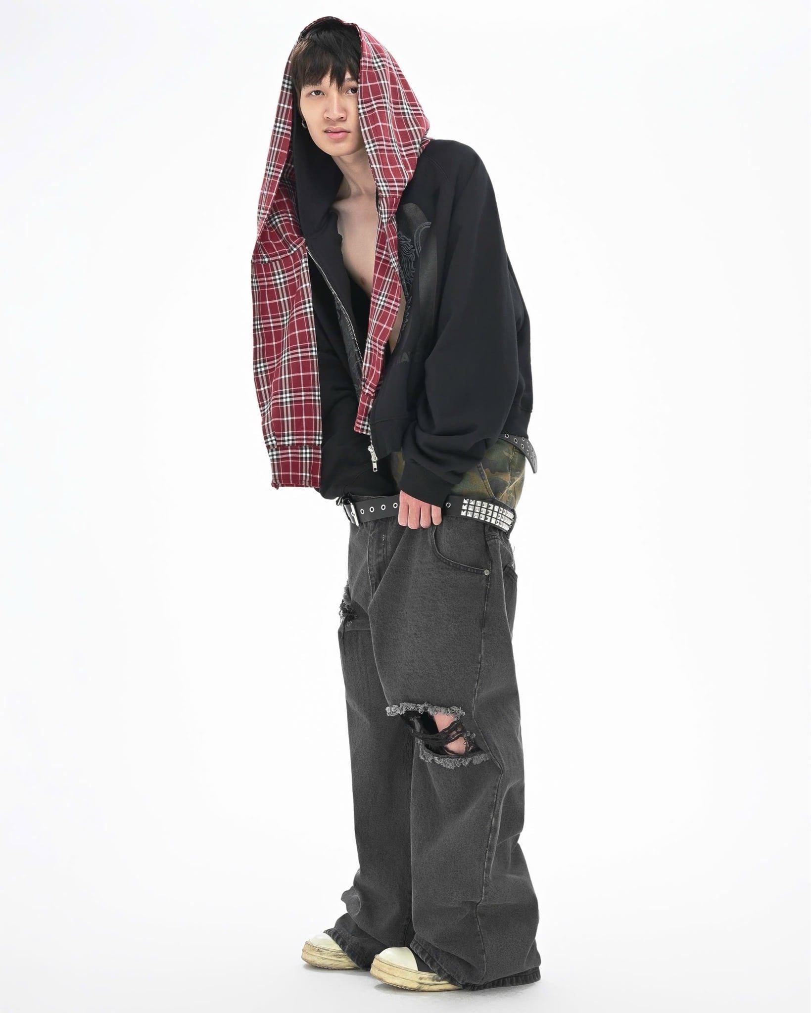 CHECKERED SCARF ZIP HOODIE - Faded Black