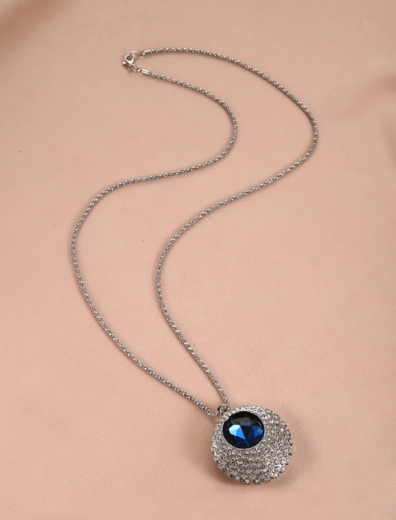 Rhinestone Decor Round Pendant Long Necklace