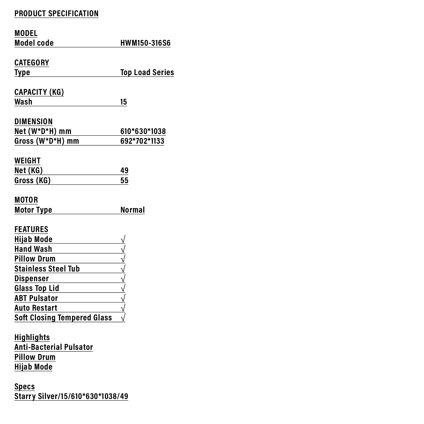 Haier 15kg Top Load Washing Machine (HWM150-316S6)