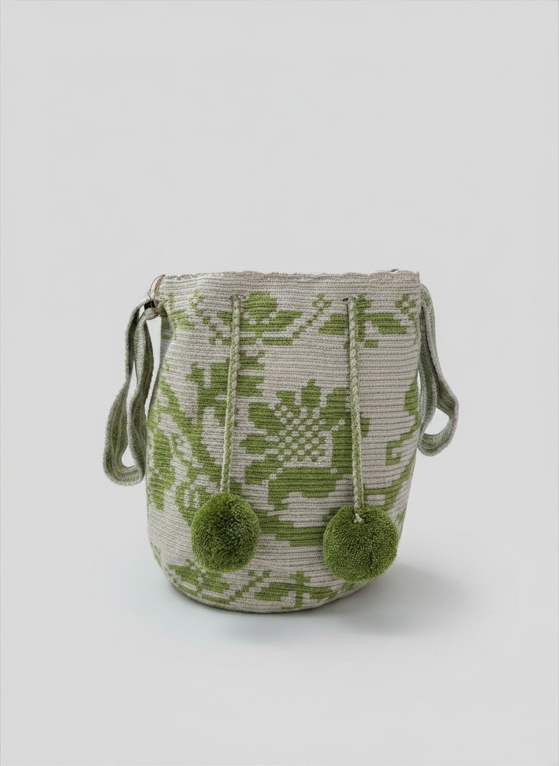 【背得起嘅藝術品】哥倫比亞正宗 Wayuu Mochila 手工民族編織袋  [預計 : 6月中至尾發貨] (PO-WY-WHTGRN-F02)