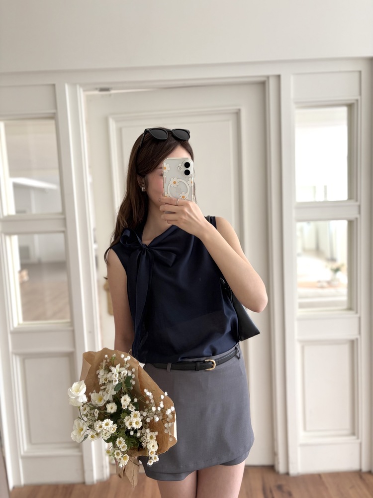 Sheer Tie-Neck Top (Navy)