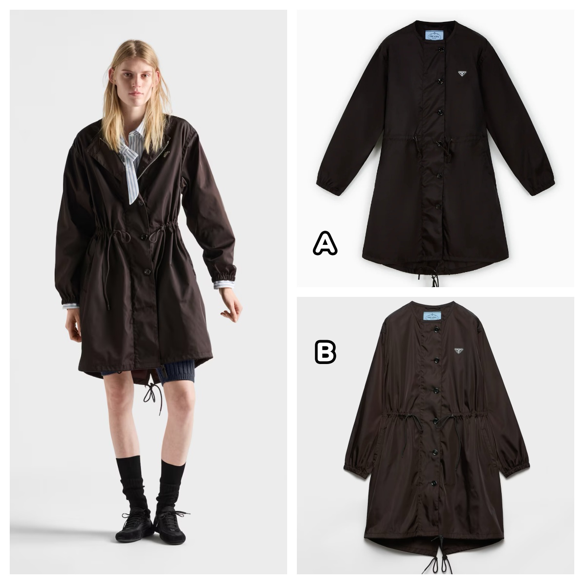 PRADA Re-Nylon 長款抽繩收腰單排扣拉鍊外套