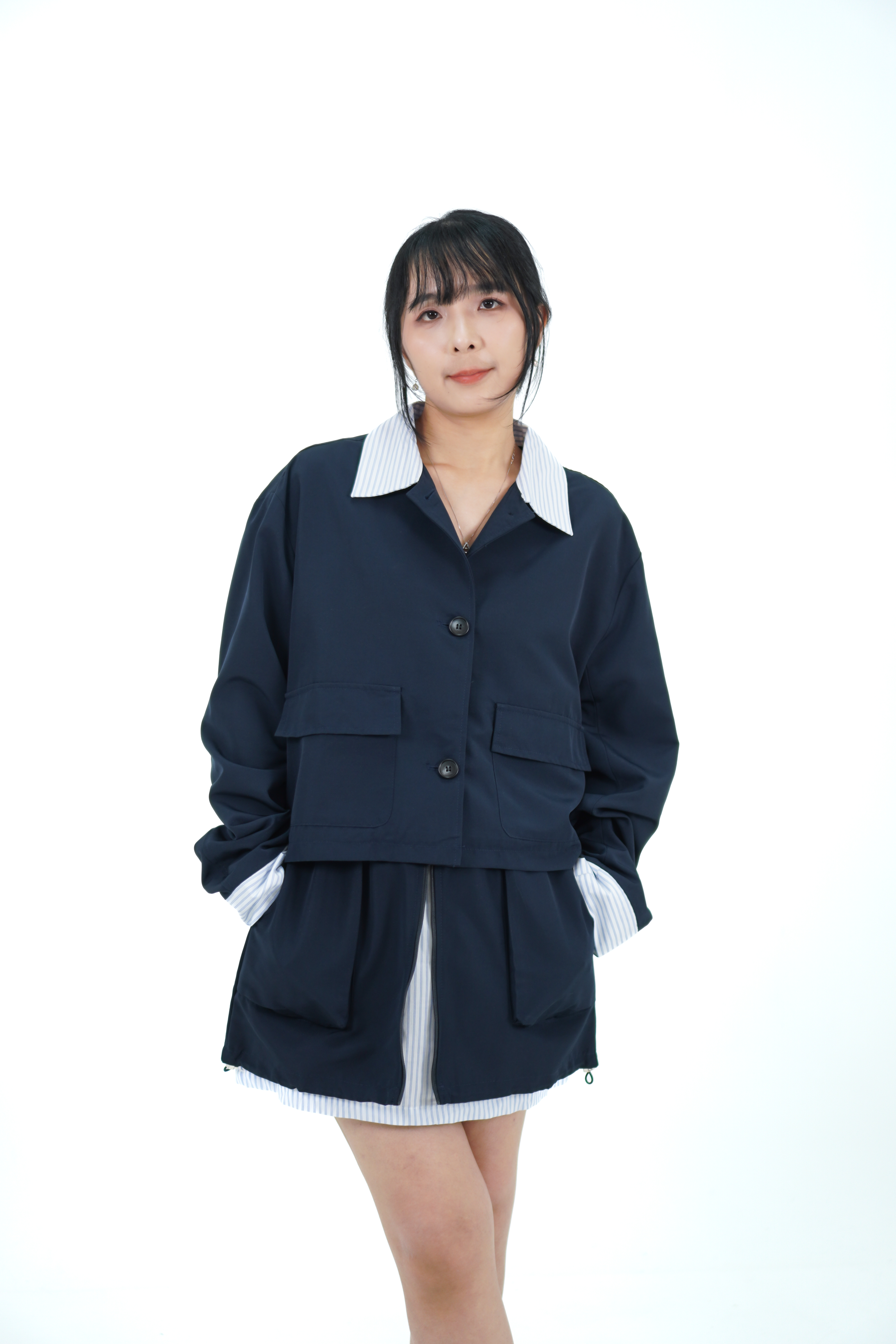 条纹拼接风衣+短裙套装