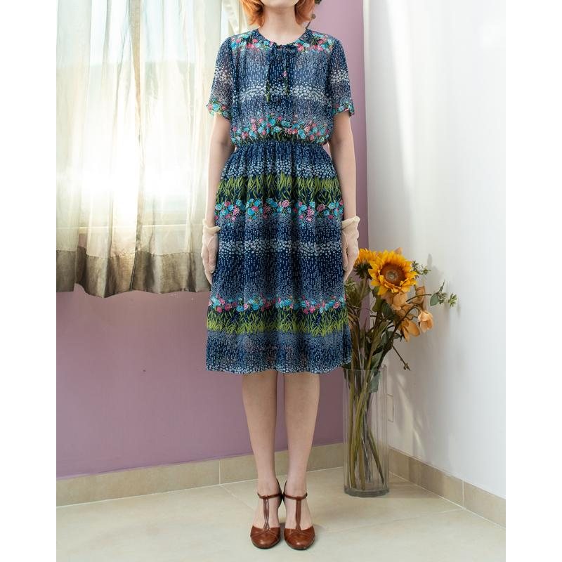Vintage Japanese Spring Flower Field Pattern Chiffon Summer Dress (MT1840-5)