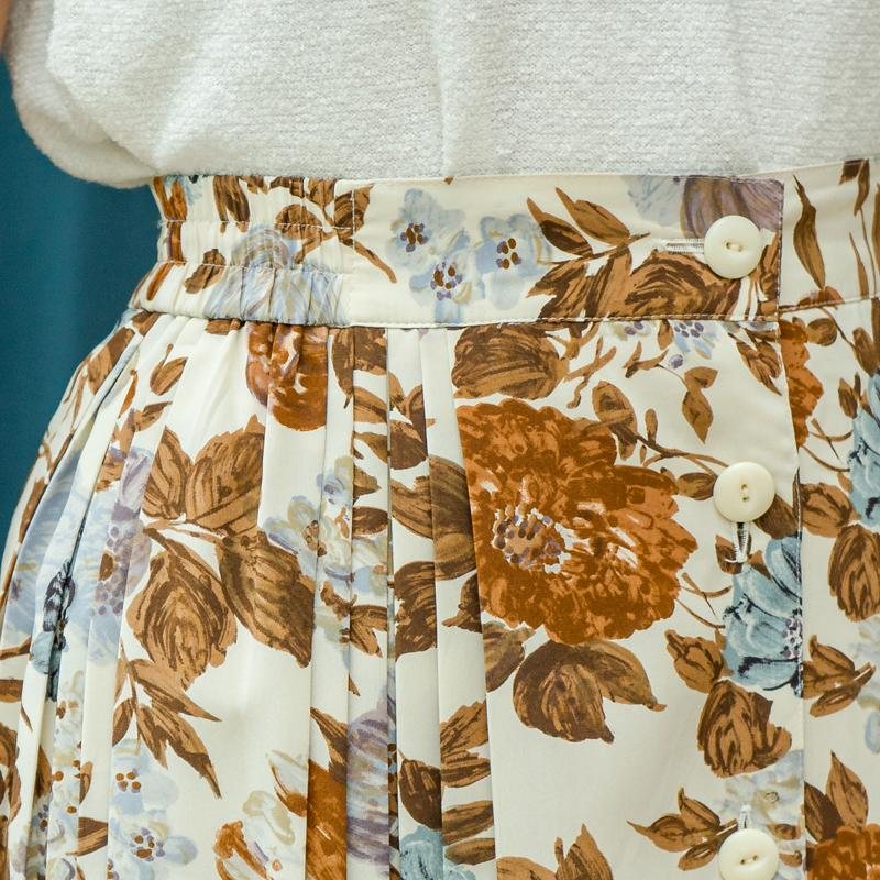 Vintage Autumn Floral Pattern Decorative Button Up Design Side Box Pleated Skirt- Size L to XL Waist 31~34"（MT1606-10）