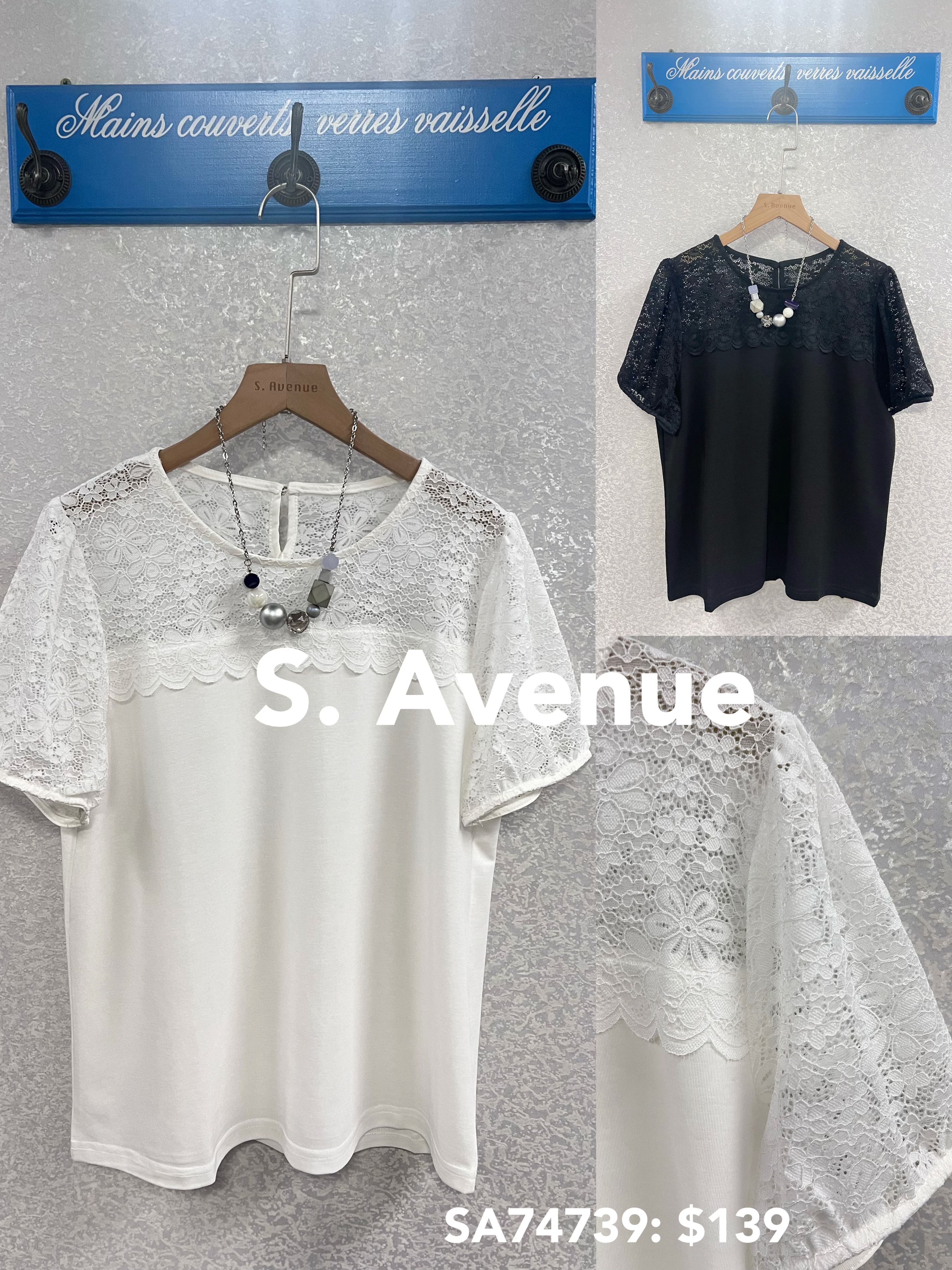 SA74739: 短袖袖領lace淨色top