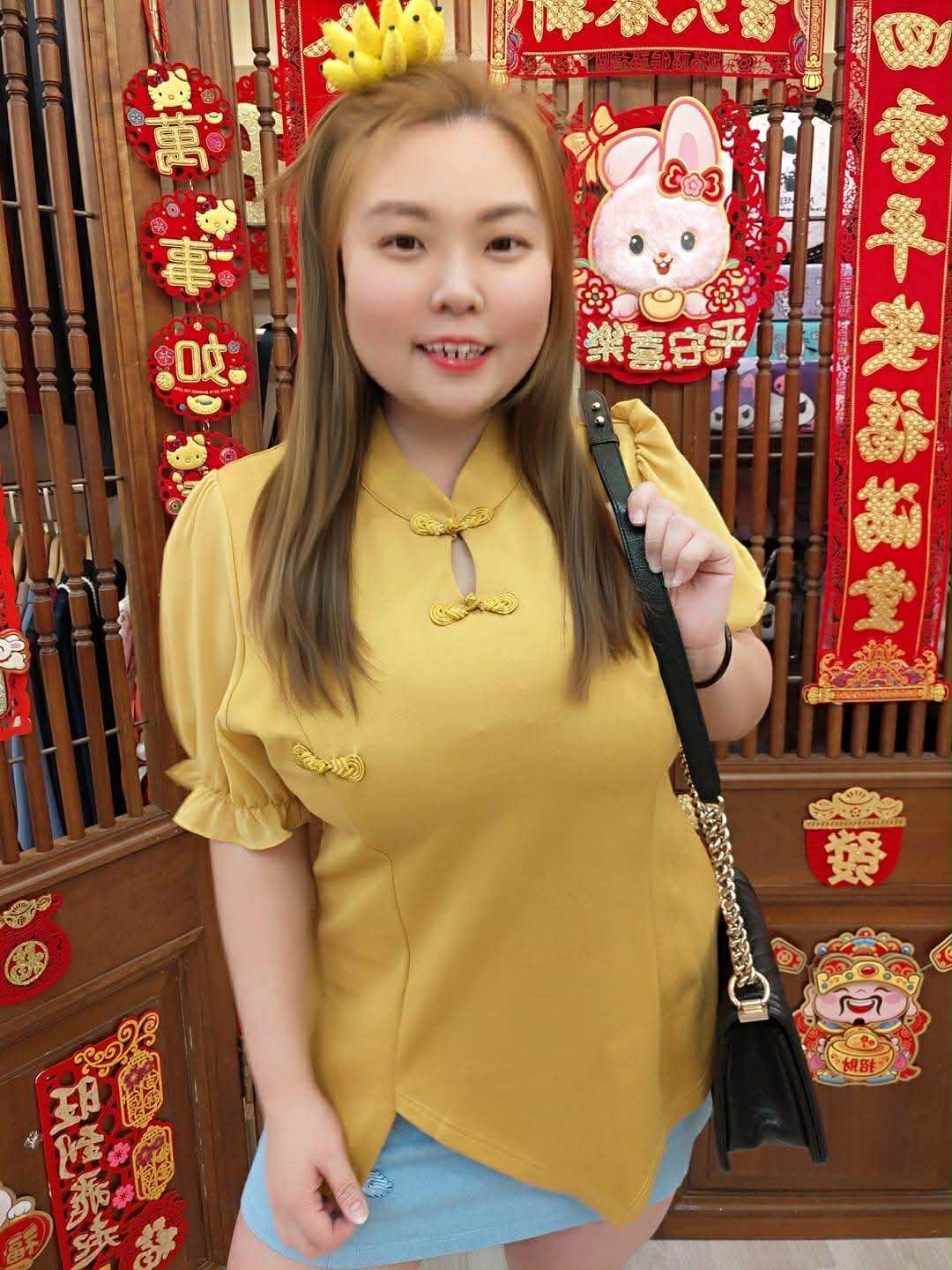 TW3510 红/青/黄盘扣雪纺袖不规则开叉上衣