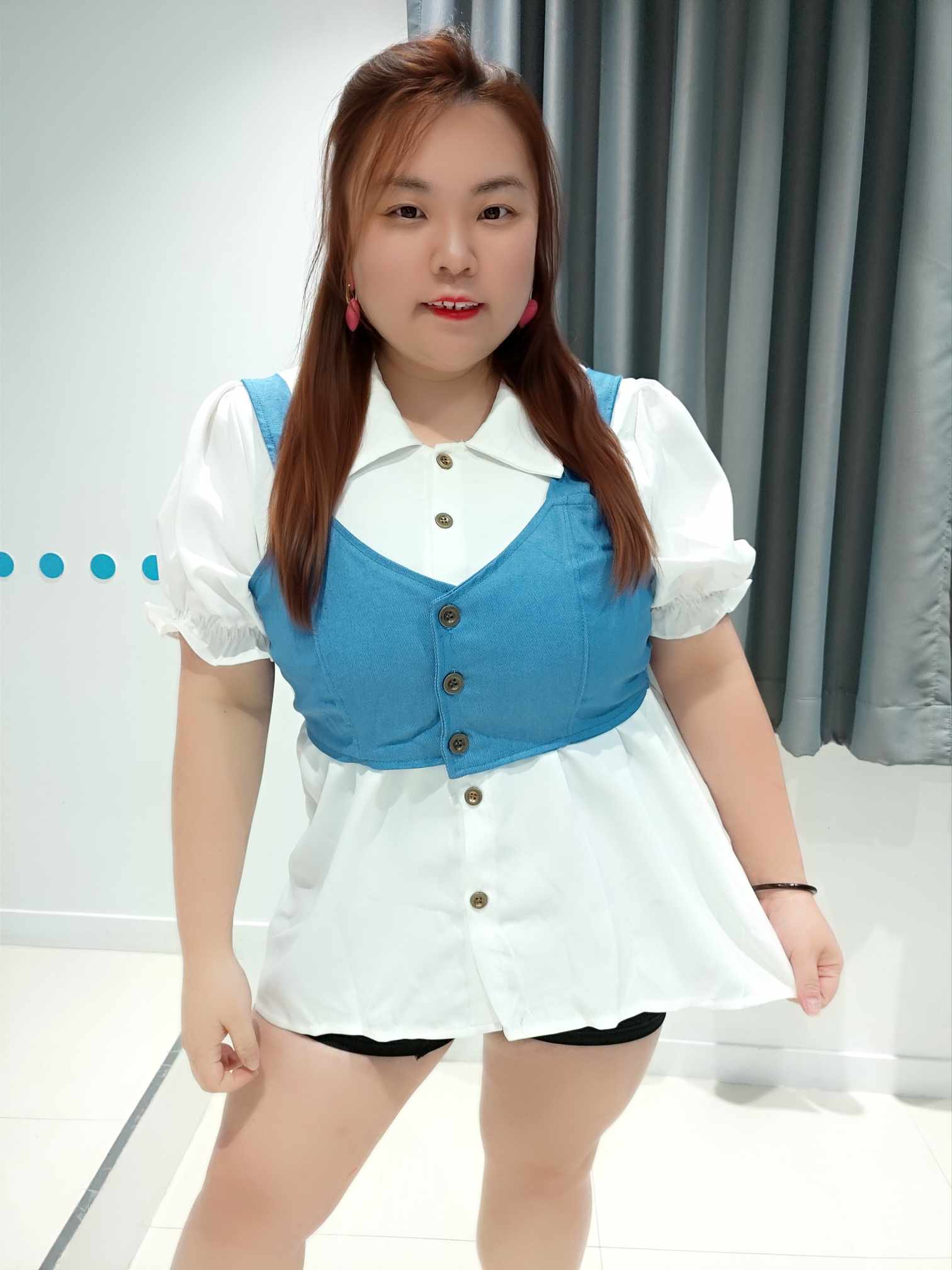 ENA04 TDA10 泡泡袖衬衫+牛仔马甲套装