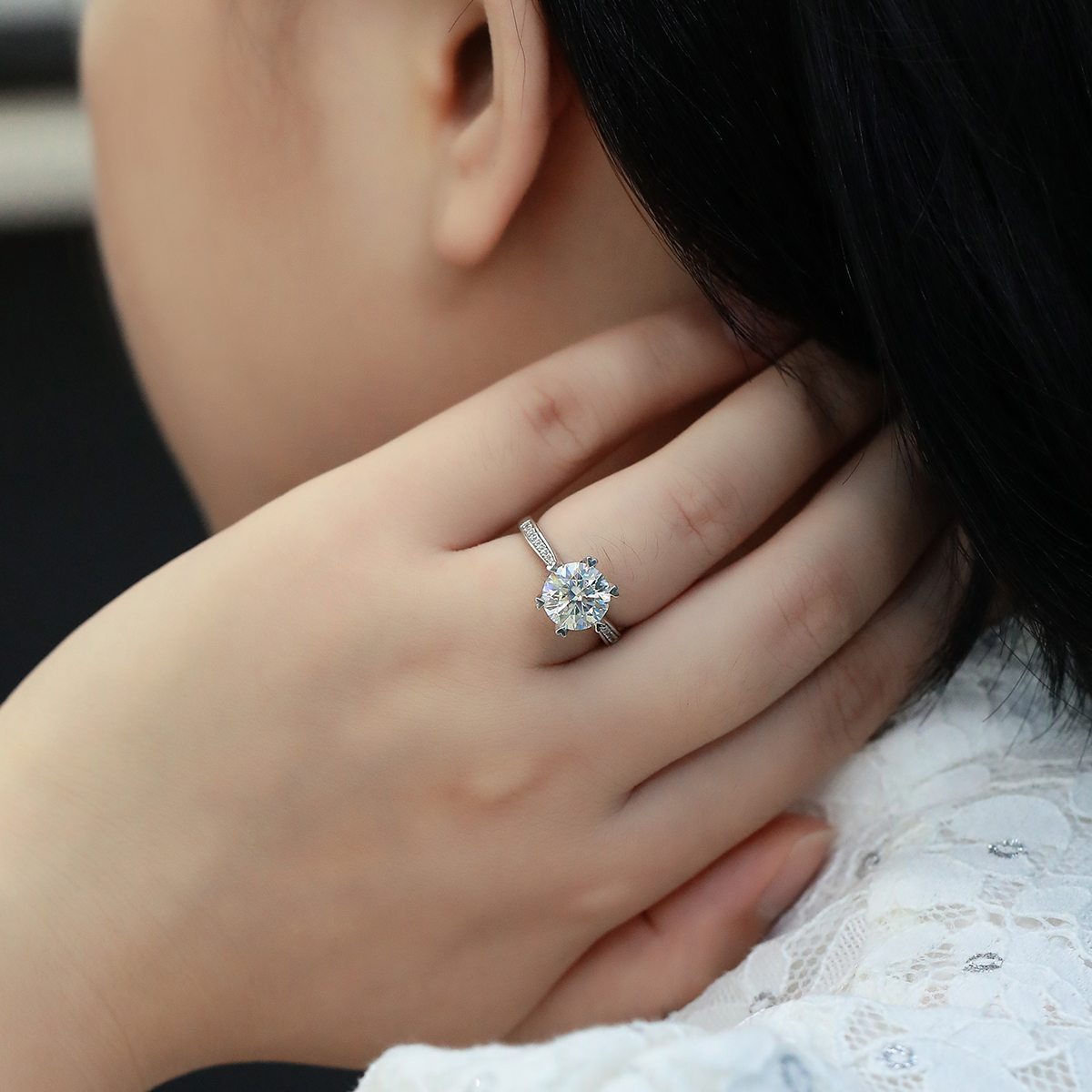 時來運轉S925銀鍍白金D級莫桑鑽戒指3卡