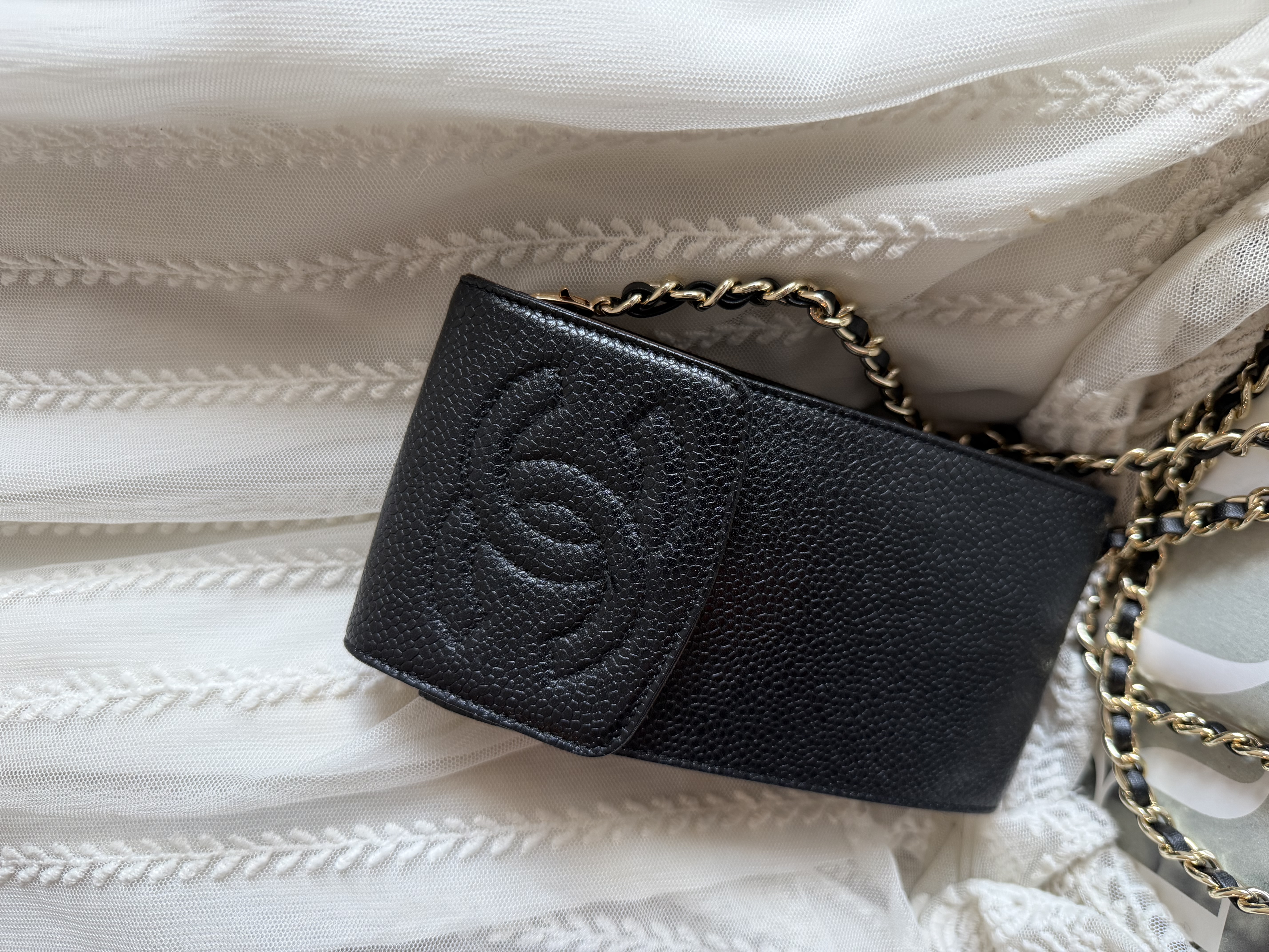 Vintage chanel black caviar leather phone holder sunglassess holder 