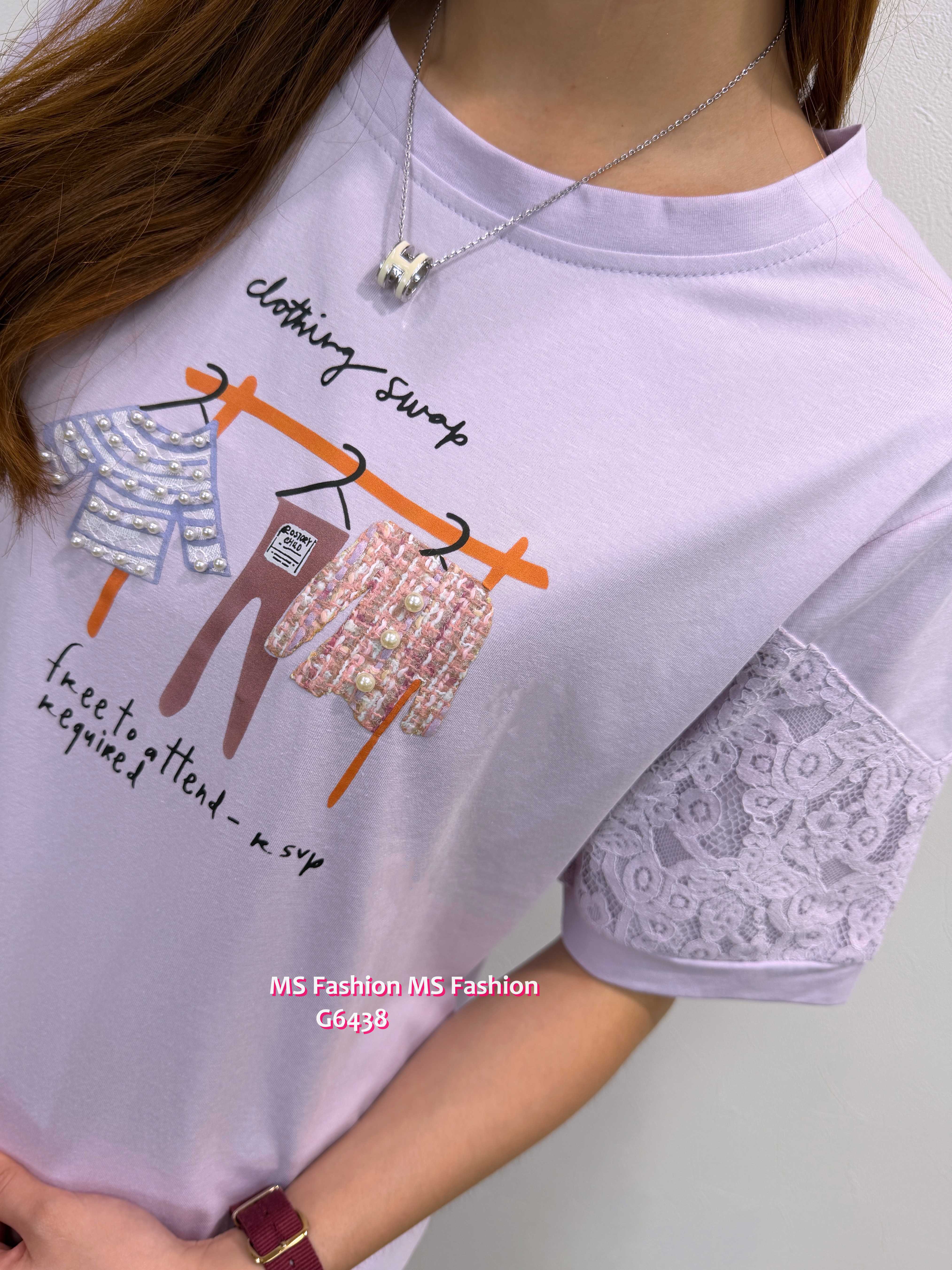 G6438 靚print lace袖top